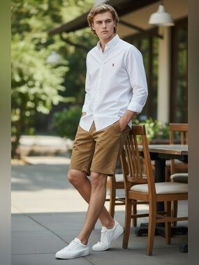 DENIM & FLOWER Ricky Singh Chino Shorts Camel Tan Size 38 NWT Preppy Classic